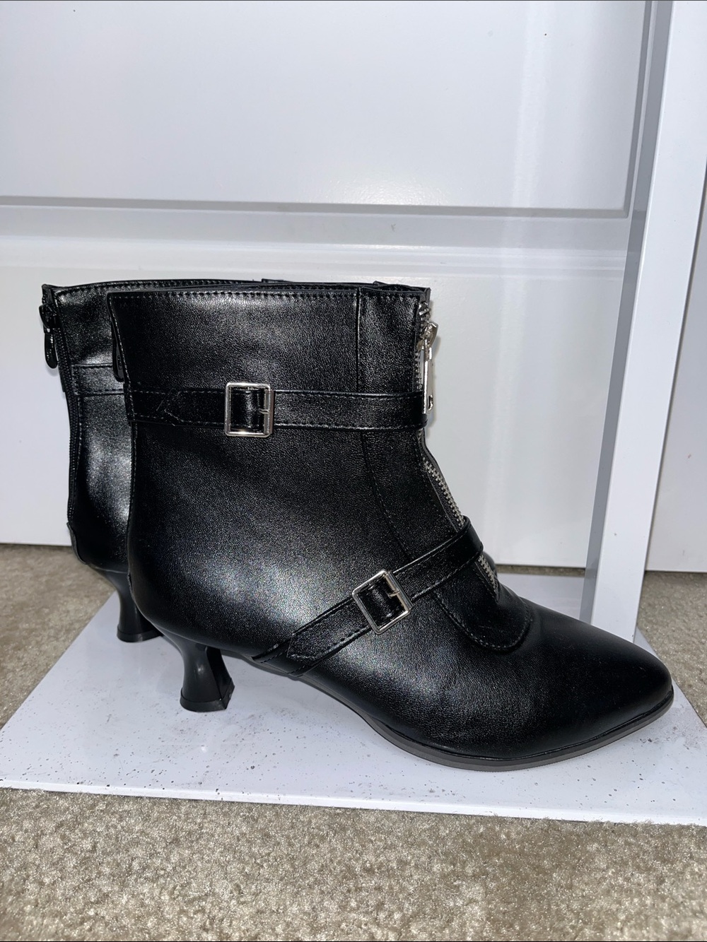 Black Mid-Heel Ankle Boots with Buckle Straps Women’s 11